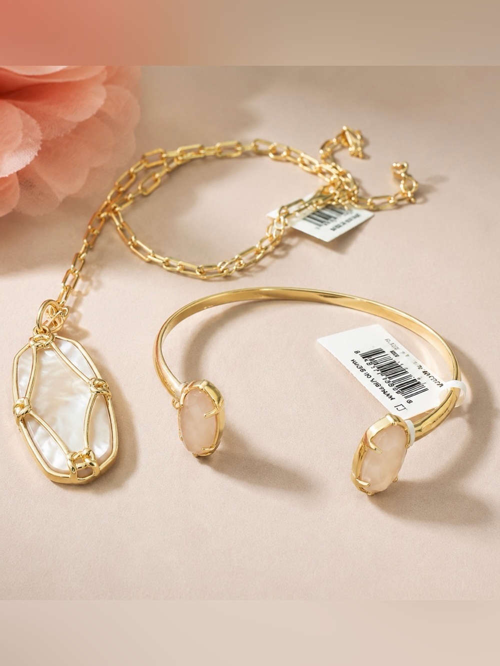 NWT Kendra Scott Elle Lattice Frame Long Pink Pendant Necklace & Matching Cuff